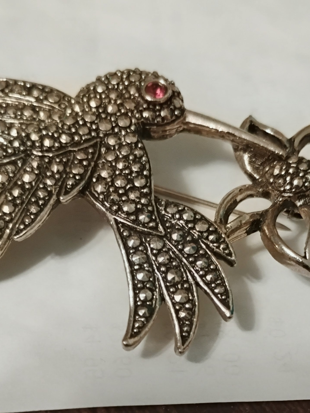 Silver Hummingbird Brooch with Pink Accent - Brand Unlisted